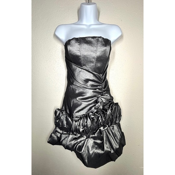 Let'S Fashion Dresses & Skirts - VTG Metallic Silver Strapless Dress Medium Ruched Rosette Bubble Hem ICONIC EUC